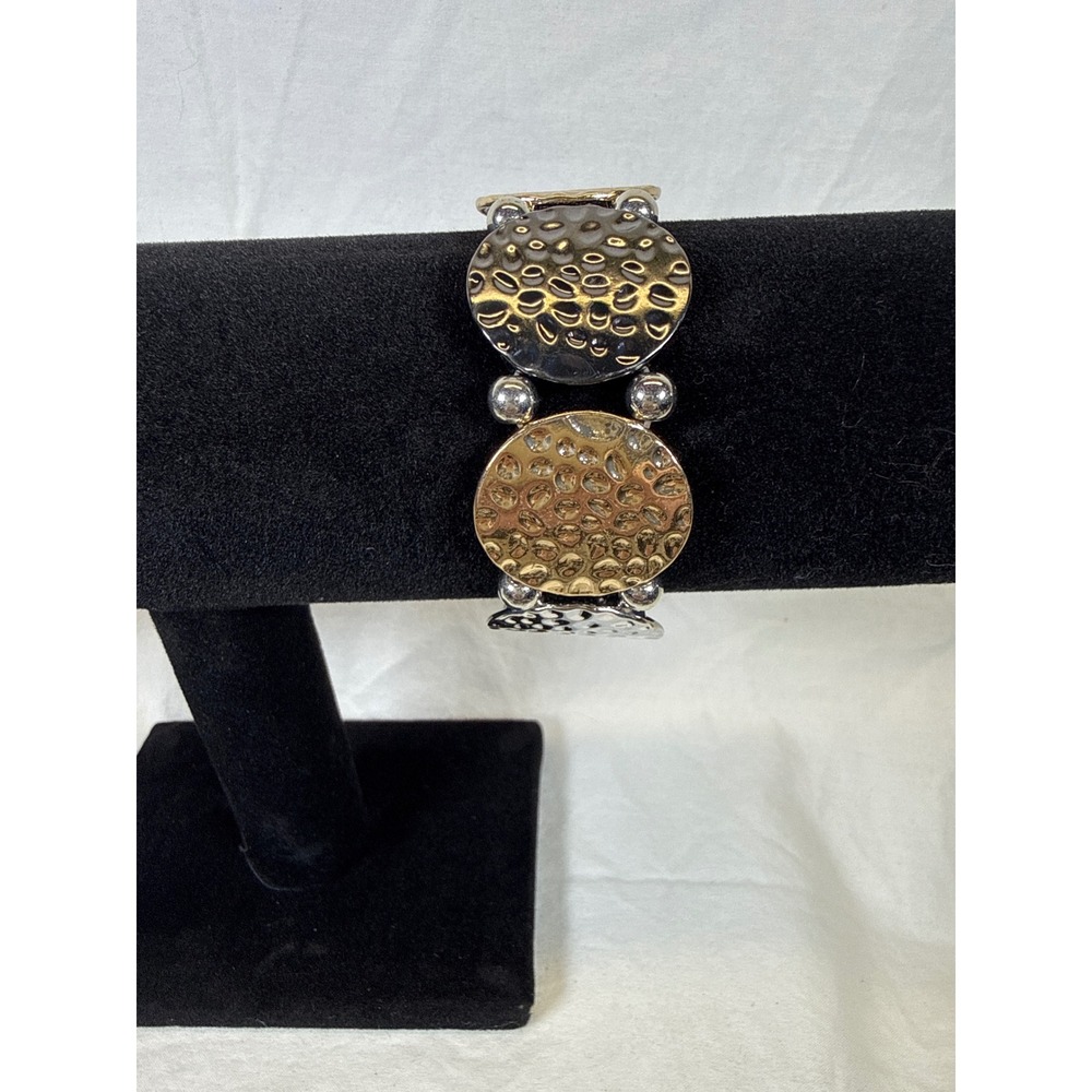 Mixed Metal Hammered Disc Stretch Bracelet Gold Silver Tone Textured Statement